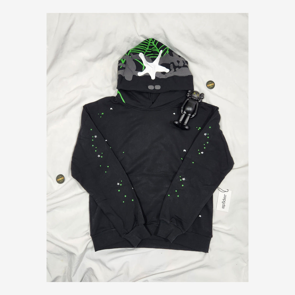 SP5DER BLACK GREEN NEON WEB HOODIE