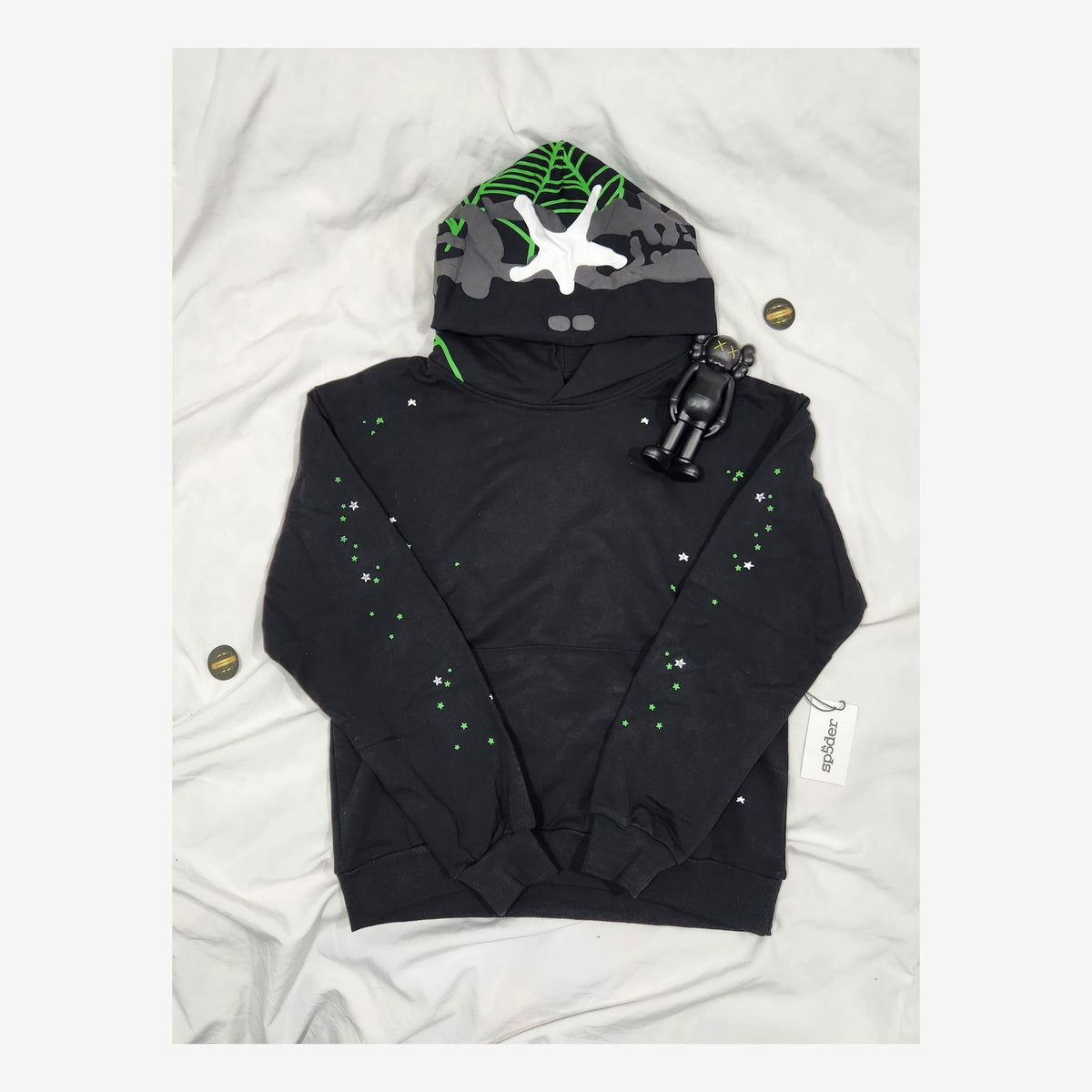 SP5DER BLACK GREEN NEON WEB HOODIE