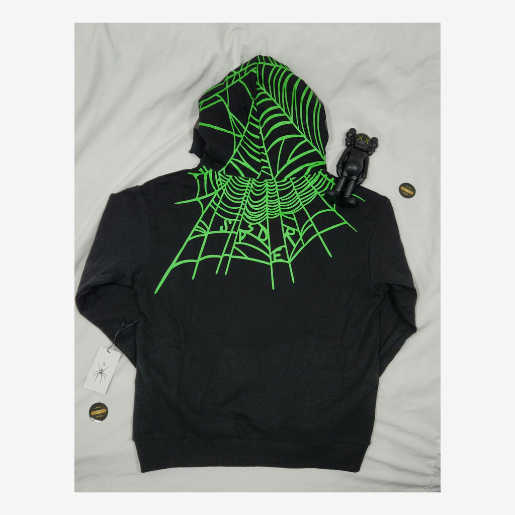 SP5DER BLACK GREEN NEON WEB HOODIE