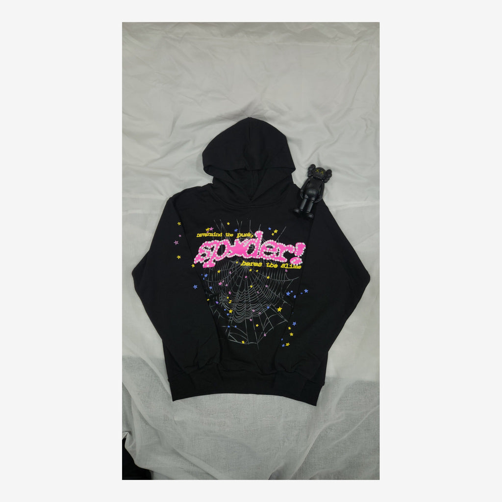 SP5DER PINK BLACK HOODIE